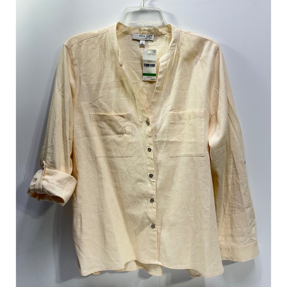 Anne Klein Jeans Cammie Linen Blend Button Front Shirt NYC White Cream Large NWT